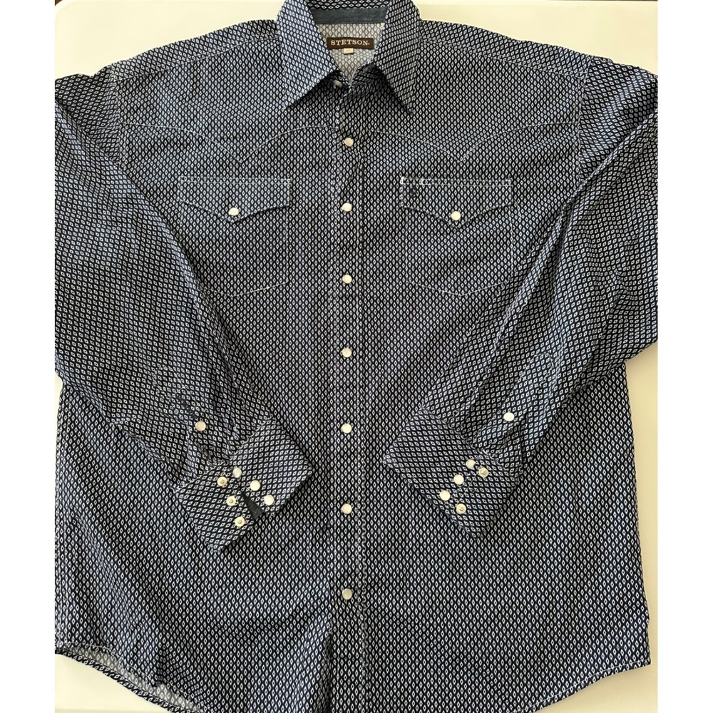 Stetson Mens XL Western Pearl Snap Shirt Navy Blue Diamond Geometric Cotton